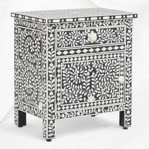 Bone Inlay Bedside Floral 1 Drawer 1 Door Black 2