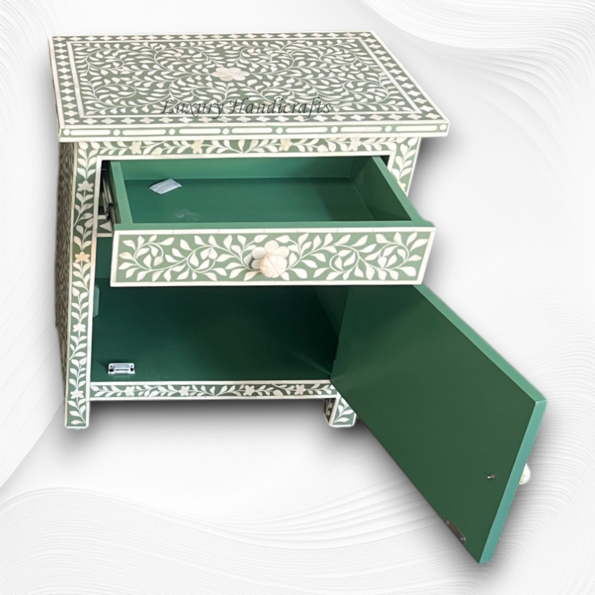 Bone Inlay Bedside Floral 1 Drawer 1 Door Sage Green 1