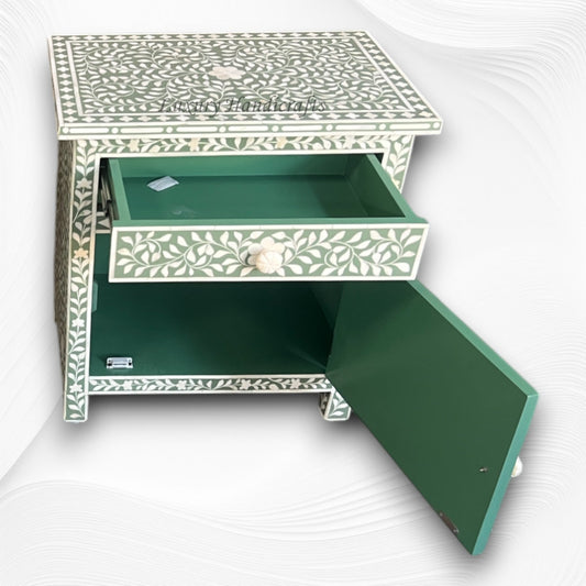 Bone Inlay Bedside Floral 1 Drawer 1 Door Sage Green 1