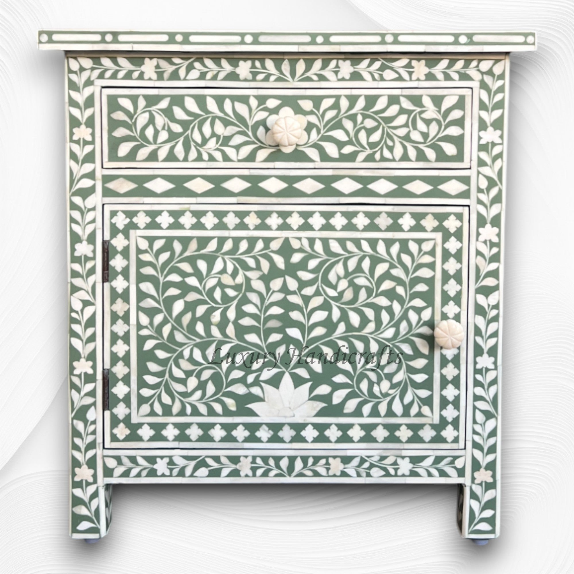 Bone Inlay Bedside Floral 1 Drawer 1 Door Sage Green