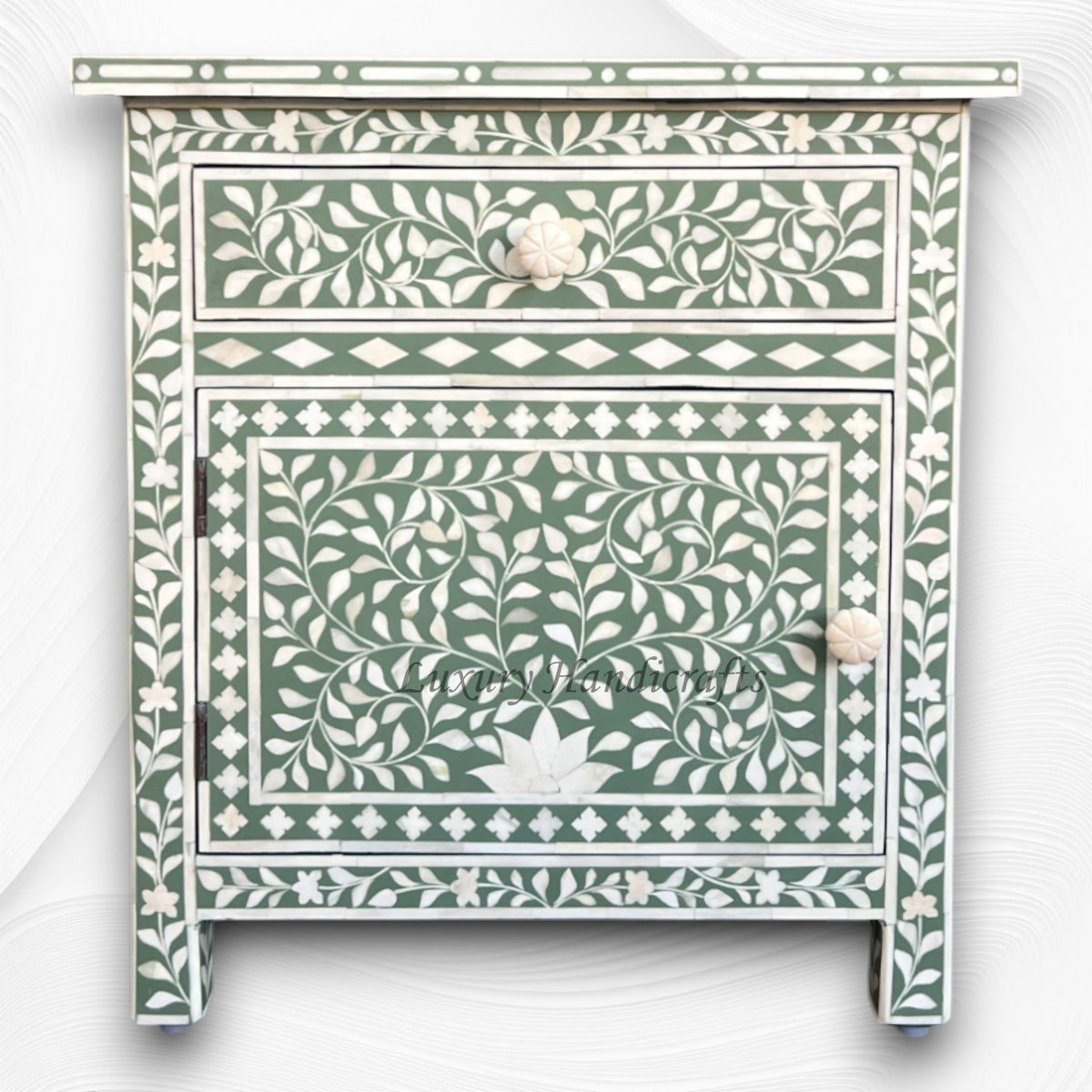 Bone Inlay Bedside Floral 1 Drawer 1 Door Sage Green