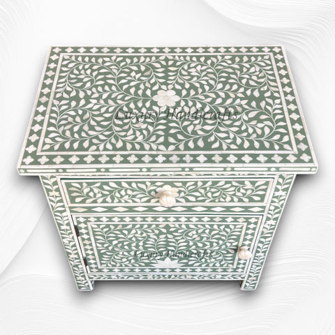 Bone Inlay Bedside Floral 1 Drawer 1 Door Sage Green 2