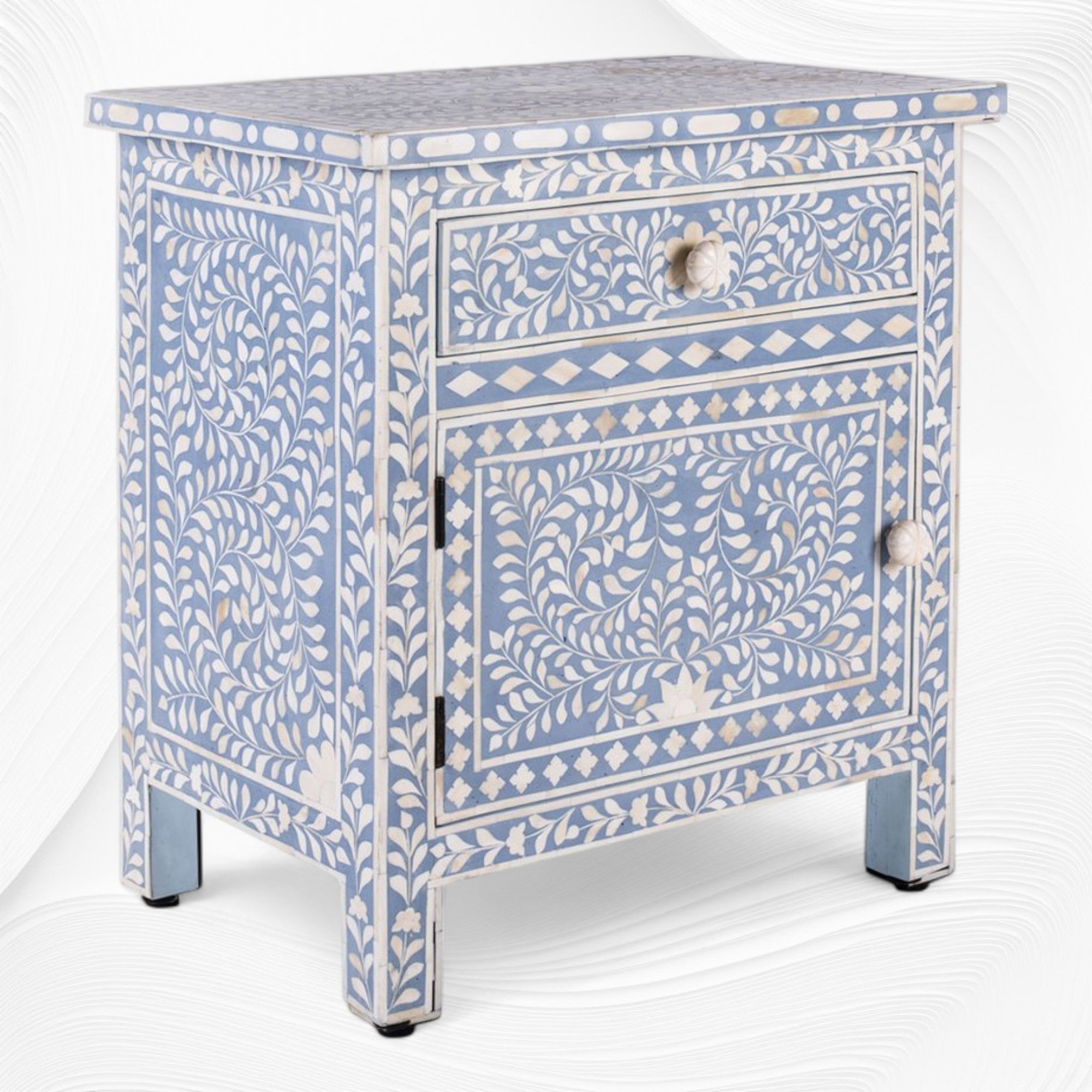 Bone Inlay Bedside Floral 1 Drawer 1 Door Light Blue 1