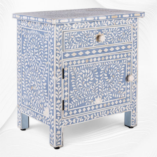 Bone Inlay Bedside Floral 1 Drawer 1 Door Light Blue 1