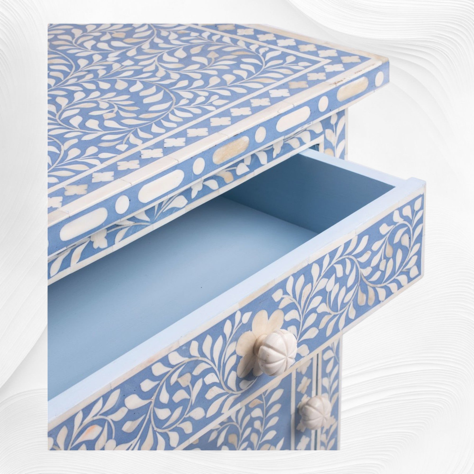 Bone Inlay Bedside Floral 1 Drawer 1 Door Light Blue 2