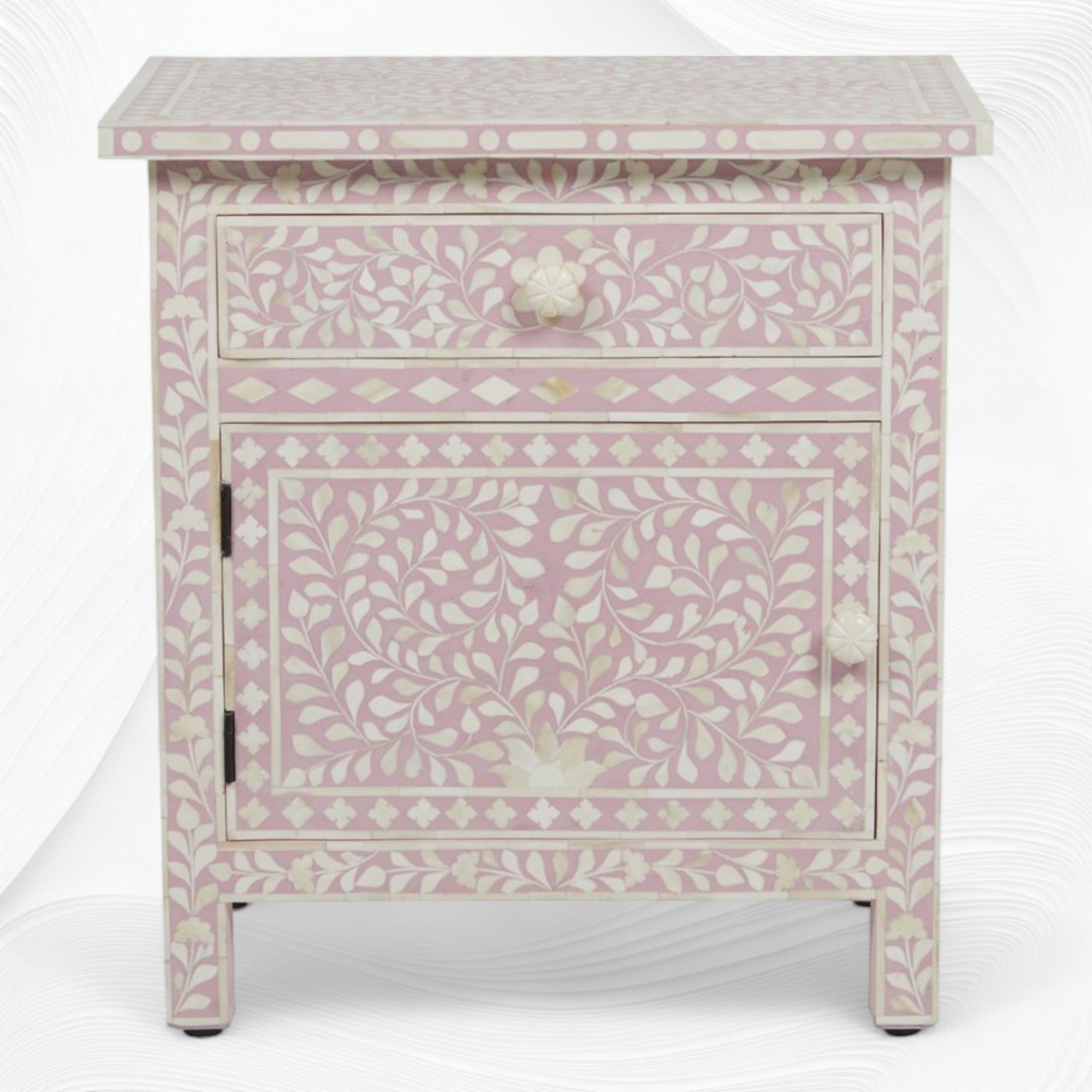 Bone Inlay Bedside Floral 1 Drawer 1 Door Blush Pink – Luxury Handicrafts