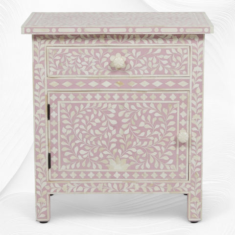 Bone Inlay Bedside Floral 1 Drawer 1 Door Blush Pink 4