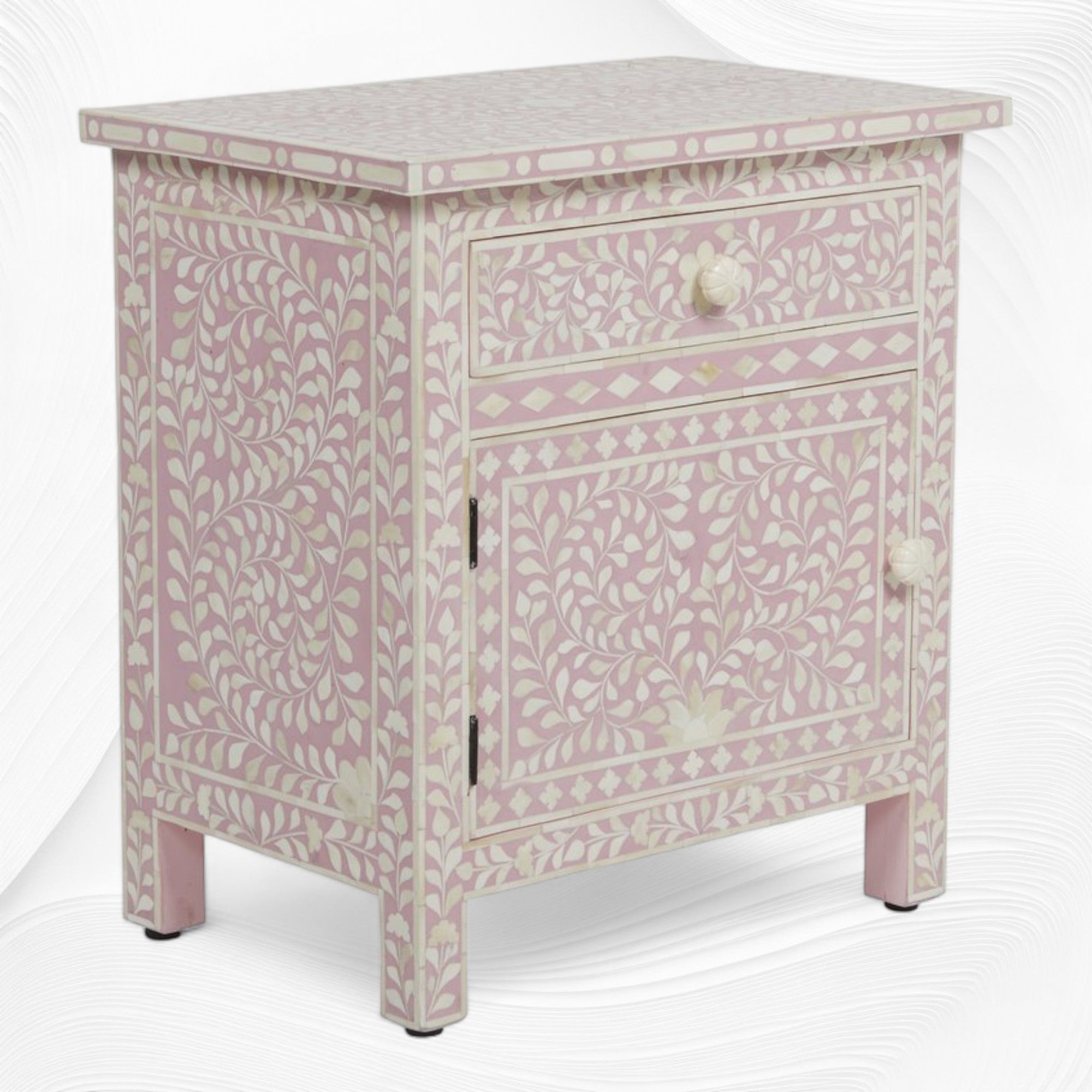 Bone Inlay Bedside Floral 1 Drawer 1 Door Blush Pink 1