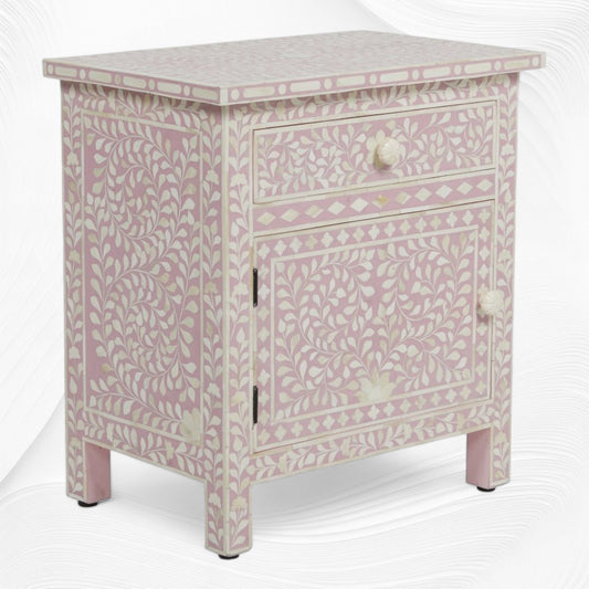 Bone Inlay Bedside Floral 1 Drawer 1 Door Blush Pink 1