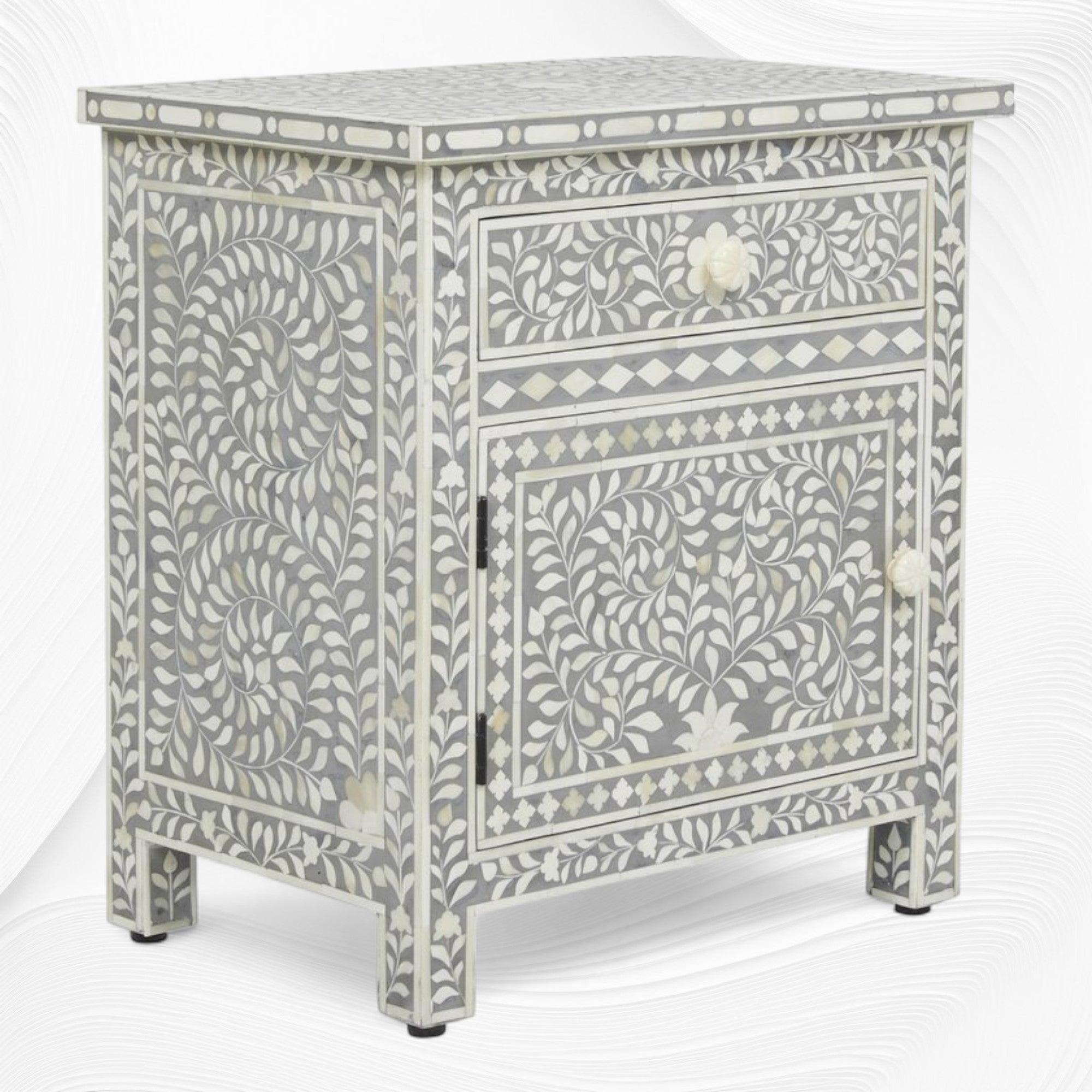 Bone Inlay Bedside Floral 1 Drawer 1 Door Grey 1