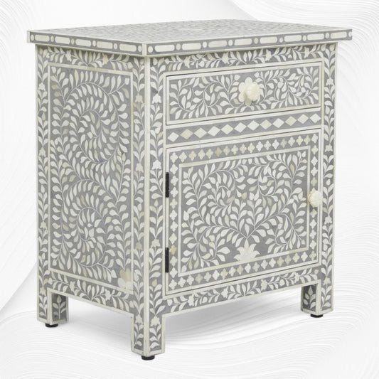Bone Inlay Bedside Floral 1 Drawer 1 Door Grey 1