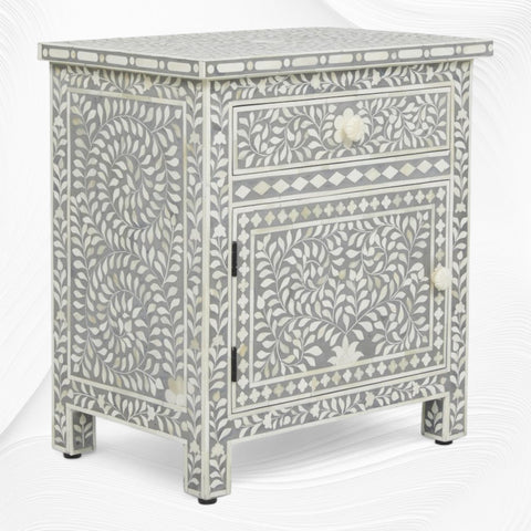 Bone Inlay Bedside Floral 1 Drawer 1 Door Grey 1