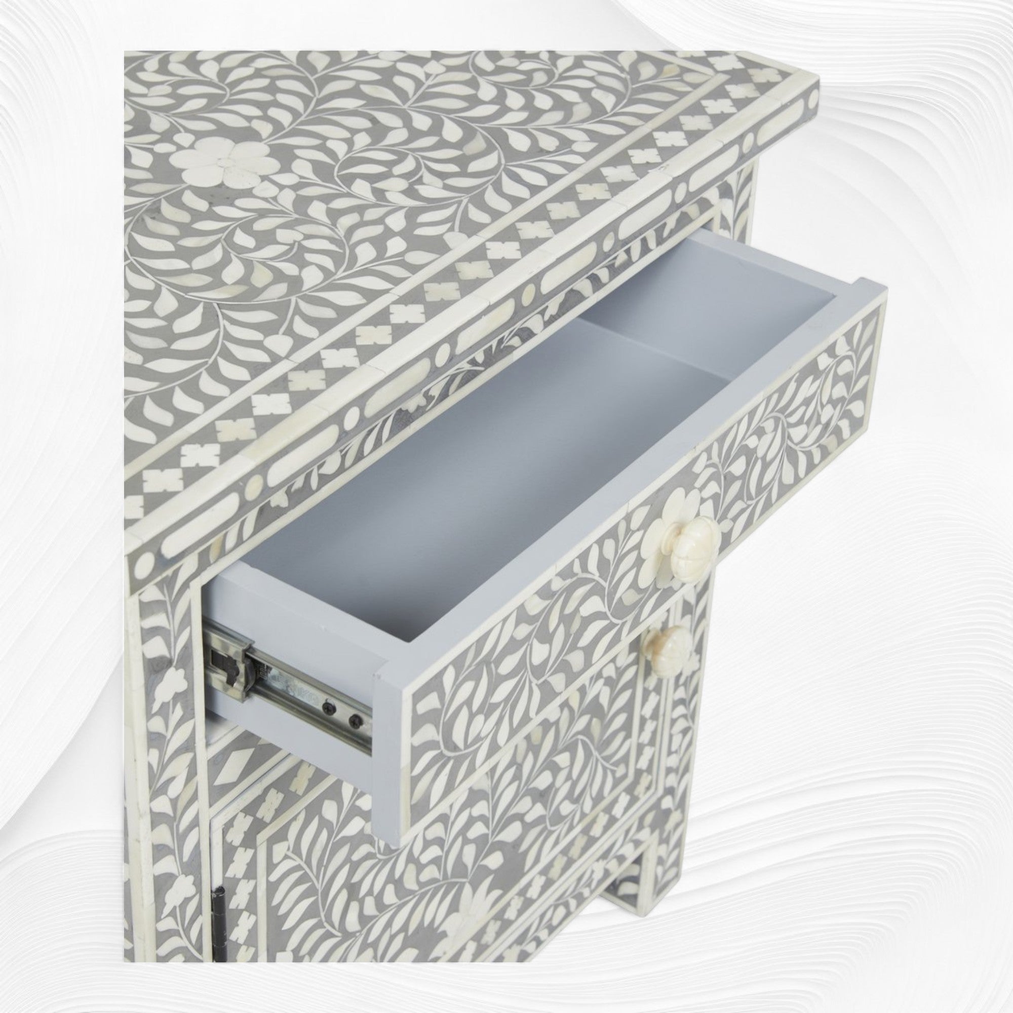 Bone Inlay Bedside Floral 1 Drawer 1 Door Grey 2