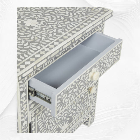 Bone Inlay Bedside Floral 1 Drawer 1 Door Grey 2