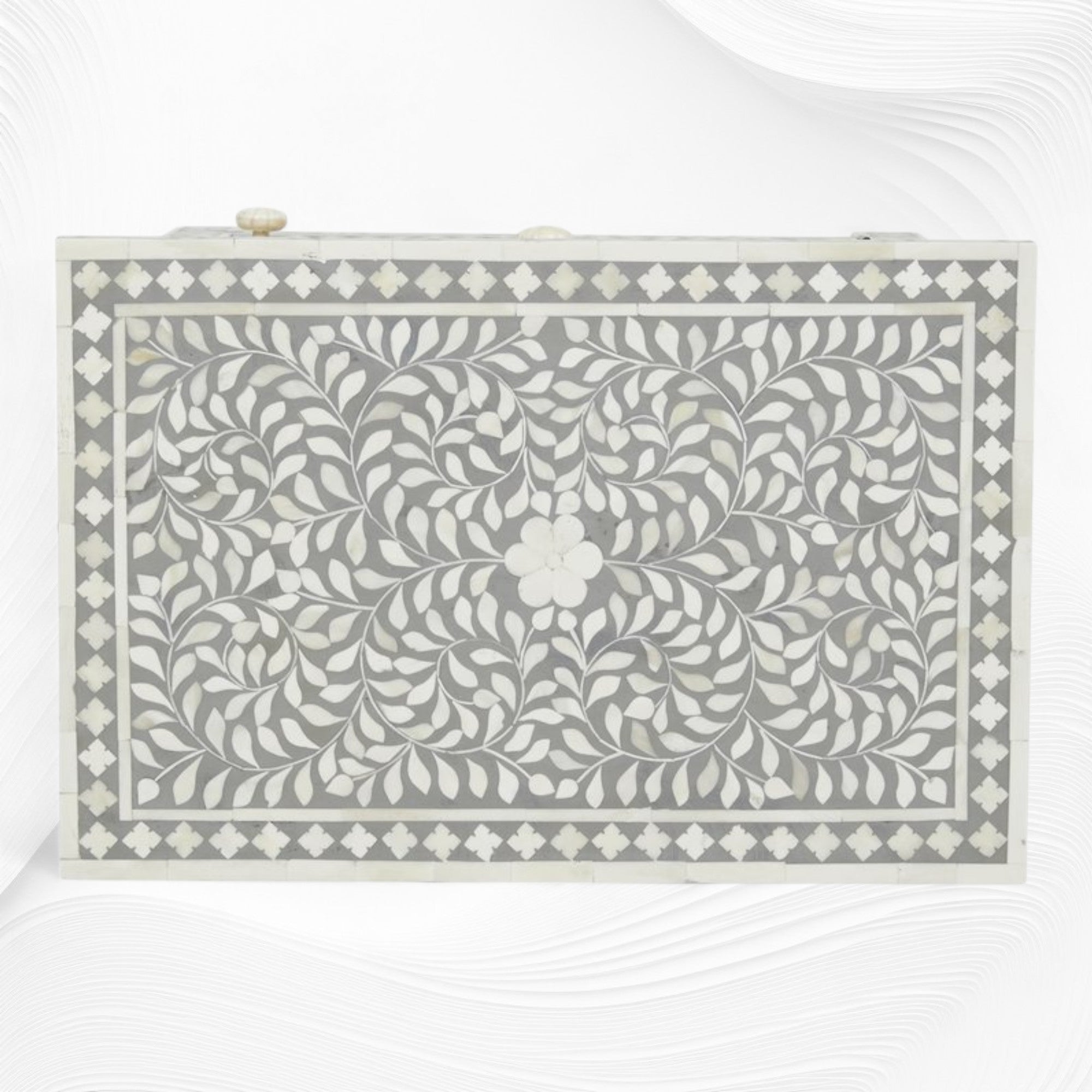 Bone Inlay Bedside Floral 1 Drawer 1 Door Grey 3
