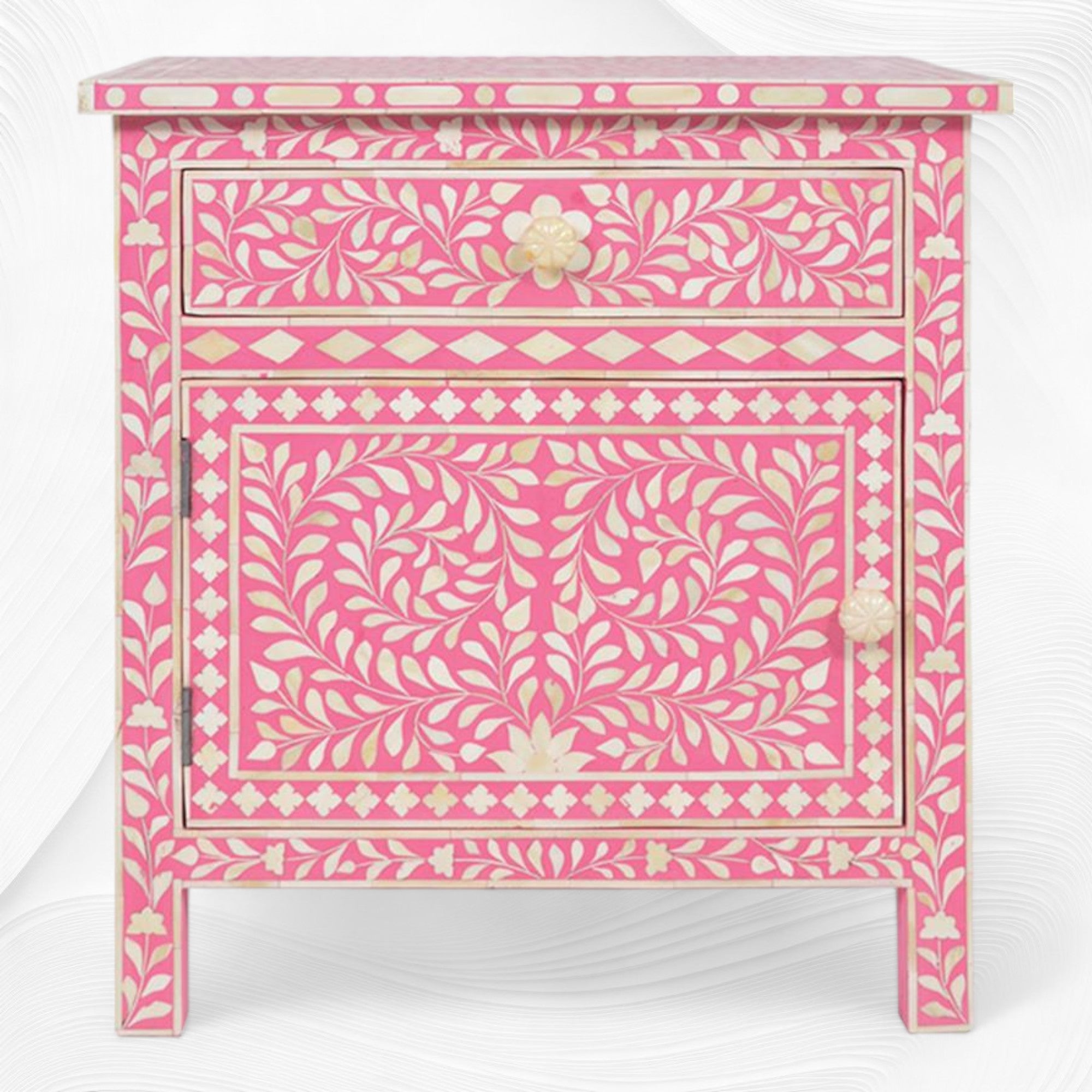 Bone Inlay Bedside Floral 1 Drawer 1 Door Pink