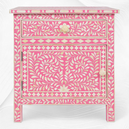 Bone Inlay Bedside Floral 1 Drawer 1 Door Pink