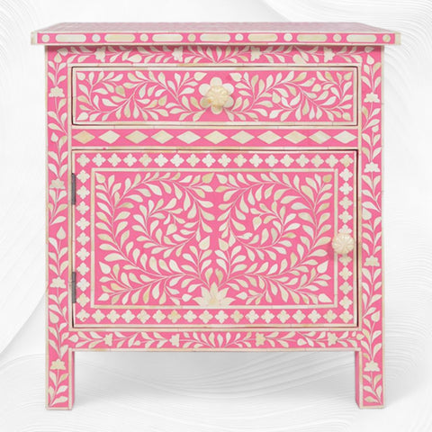 Bone Inlay Bedside Floral 1 Drawer 1 Door Pink