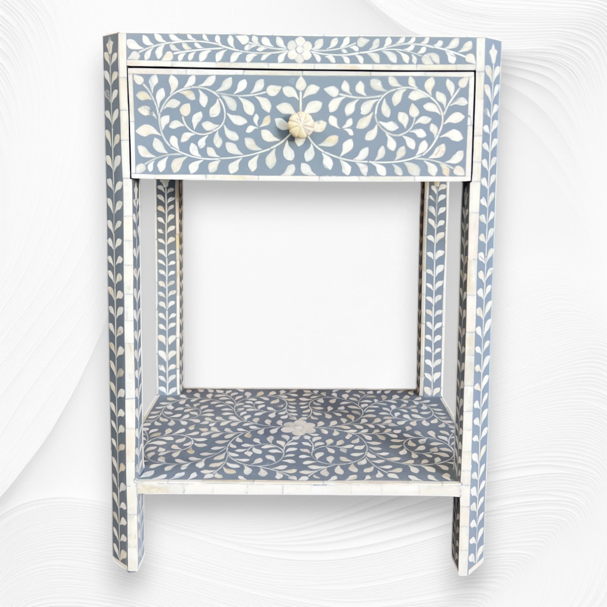 Bone Inlay Edge Floral Bedside Grey Ready to Ship