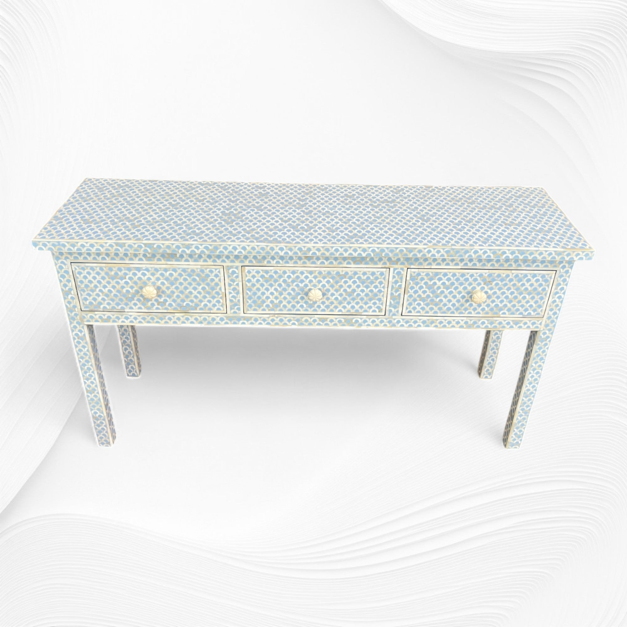 Ice Blue Bone Inlay Fishscale Console 3 Drawer 1