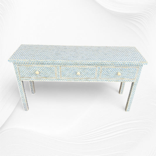 Ice Blue Bone Inlay Fishscale Console 3 Drawer 1