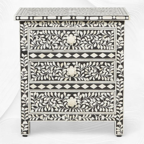 Bone Inlay Floral 3 Drawer Bedside Black 2
