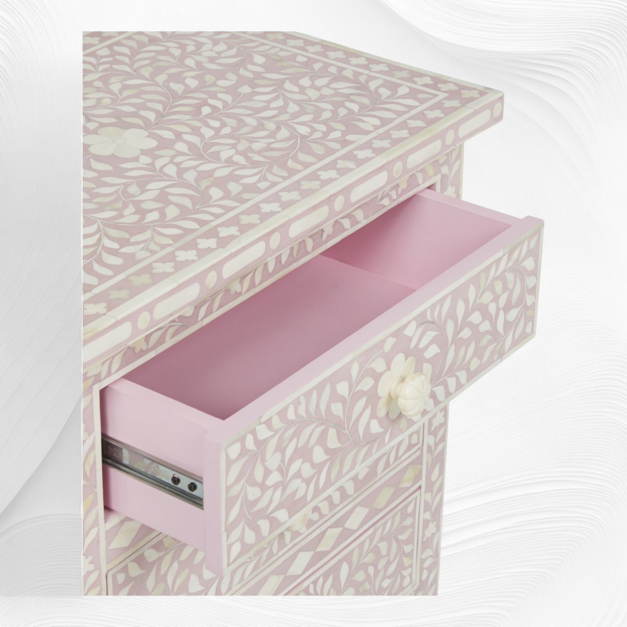 Bone Inlay Floral 3 Drawer Bedside Blush Pink 2