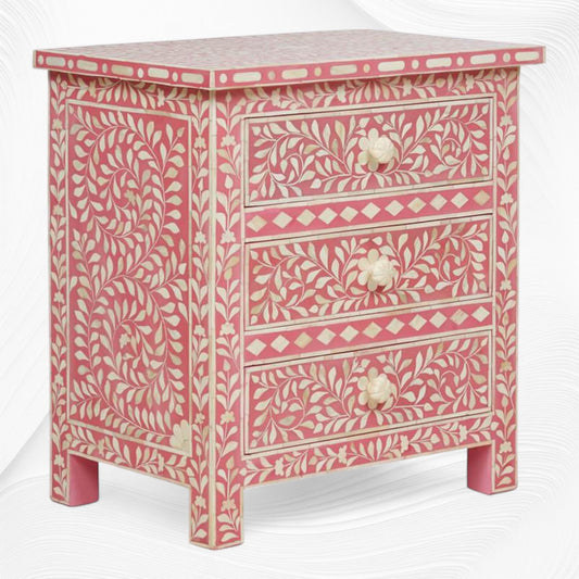 Bone Inlay Floral 3 Drawer Bedside Pink 1