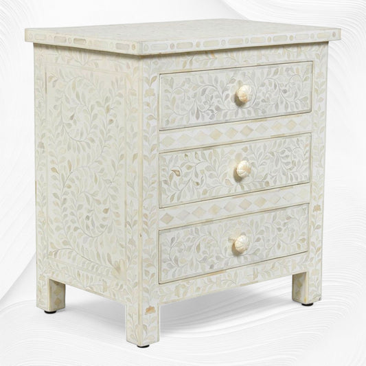 Bone Inlay Floral 3 Drawer Bedside White 1