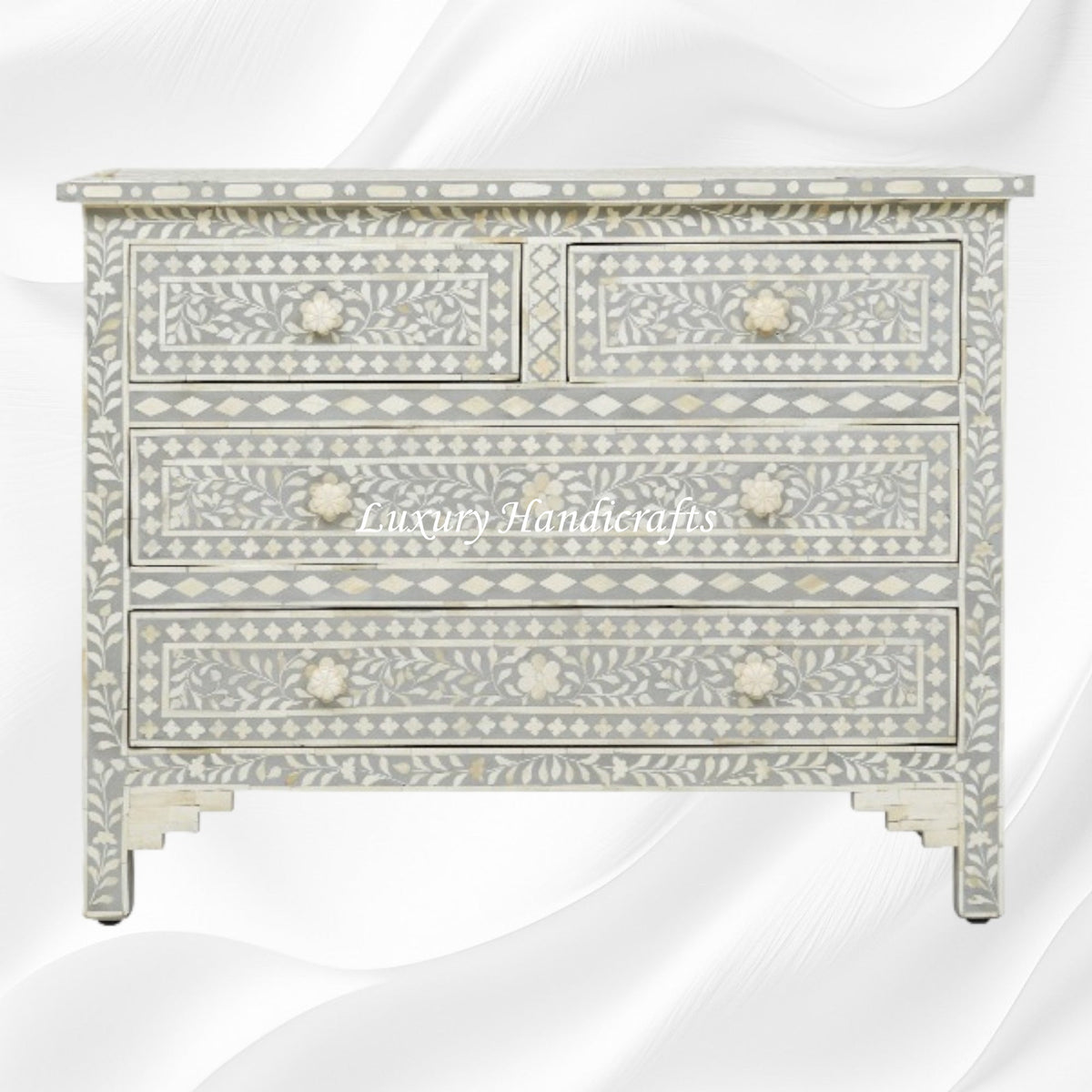 Bone Inlay Floral Chest Of 4 Drawer Grey 1