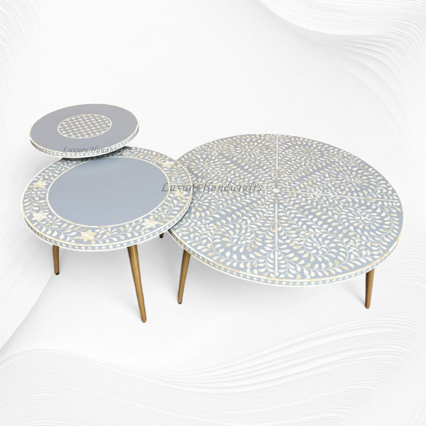 Bone Inlay Floral Nesting Table Set of 3 Grey 3