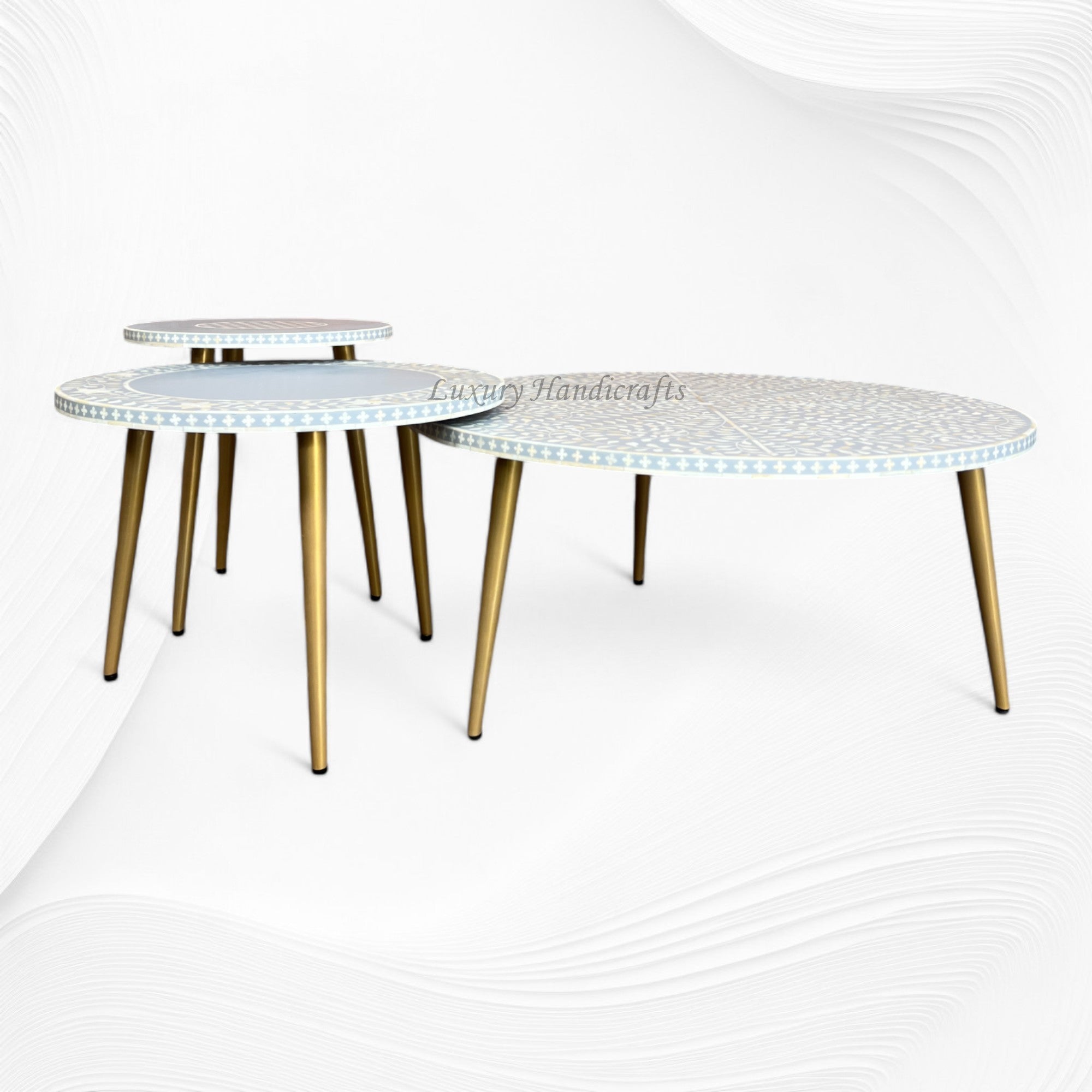 Bone Inlay Floral Nesting Table Set of 3 Grey 1