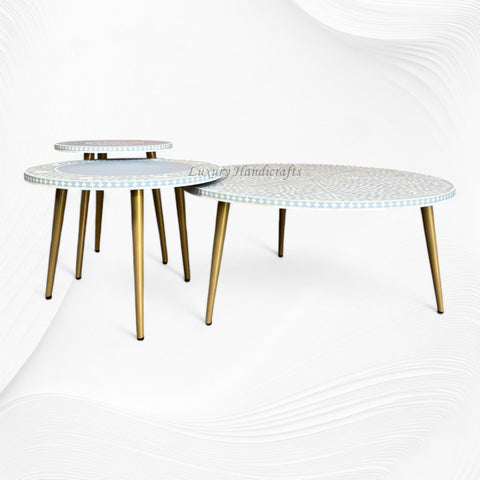 Bone Inlay Floral Nesting Table Set of 3 Grey 1