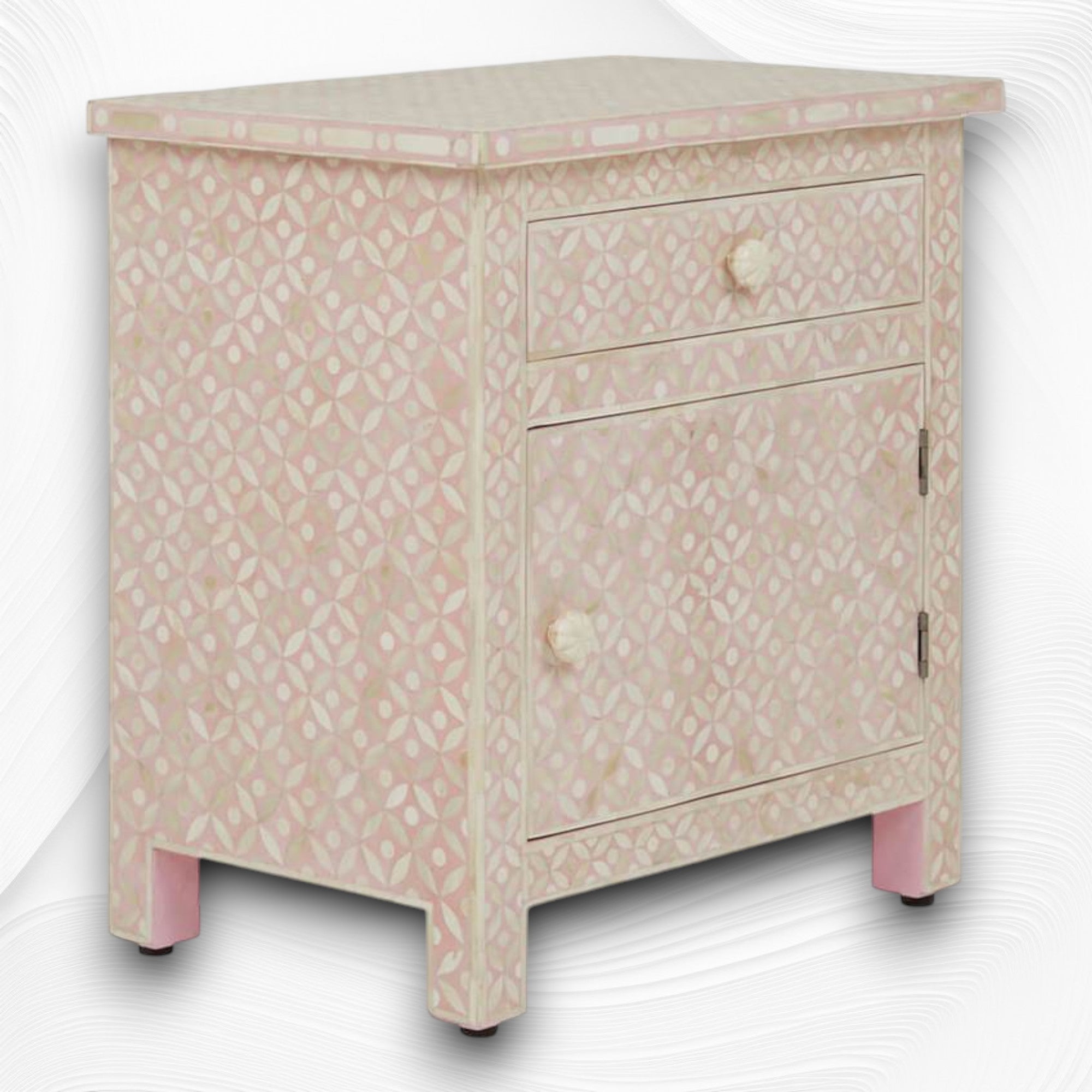 Bone Inlay Geometric Bedside 1 Drawer 1 Door Blush Pink 1