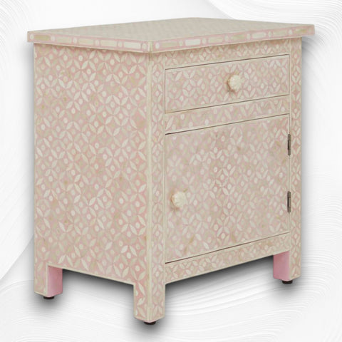 Bone Inlay Geometric Bedside 1 Drawer 1 Door Blush Pink 1