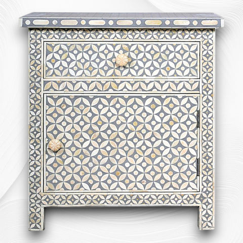 Bone Inlay Geometric Bedside 1 Drawer 1 Door Grey 2