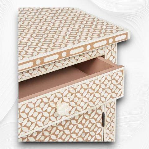 Bone Inlay Geometric Bedside 1 Drawer 1 Door Tan 2