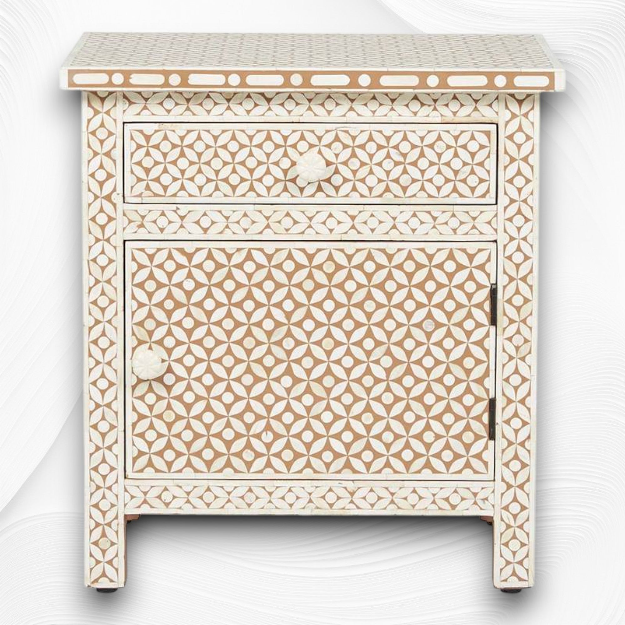 Bone Inlay Geometric Bedside 1 Drawer 1 Door Tan 3
