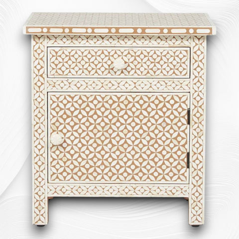 Bone Inlay Geometric Bedside 1 Drawer 1 Door Tan 3