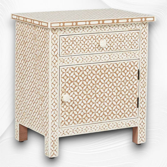 Bone Inlay Geometric Bedside 1 Drawer 1 Door Tan 1