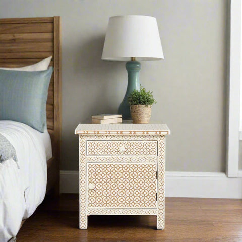 Bone Inlay Geometric Bedside 1 Drawer 1 Door Tan
