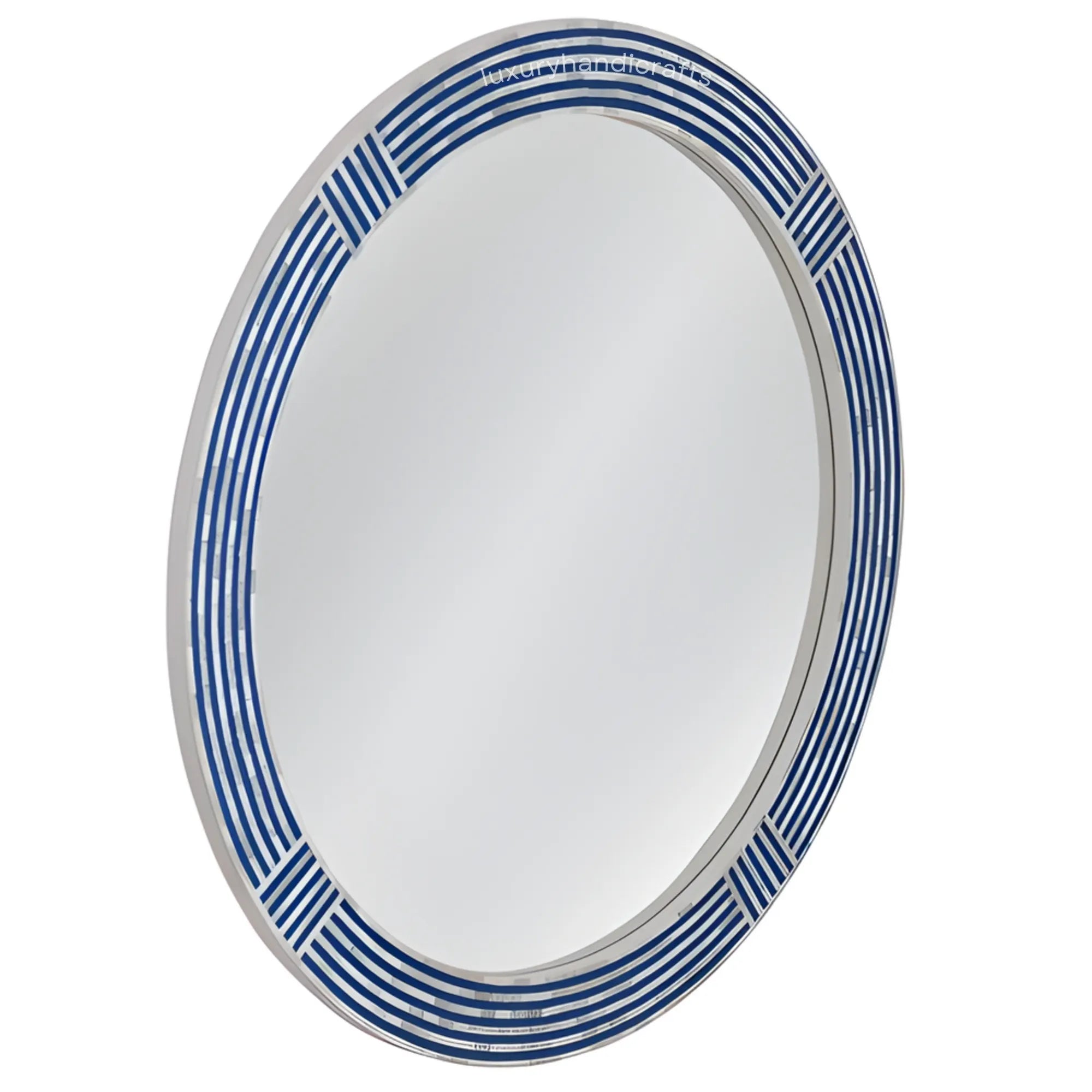 Round mirror with blue striped border on a white background