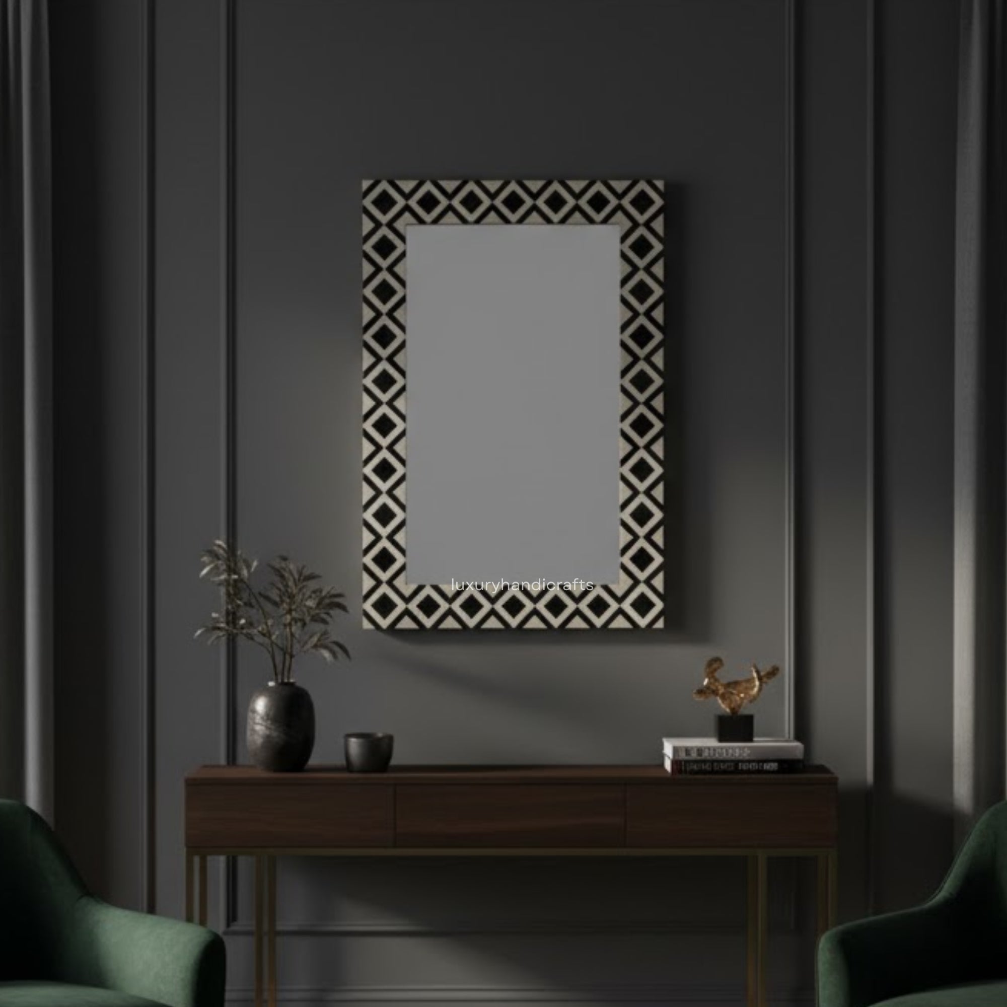 Decorative mirror with geometric pattern on a dark wall above a wooden console table.