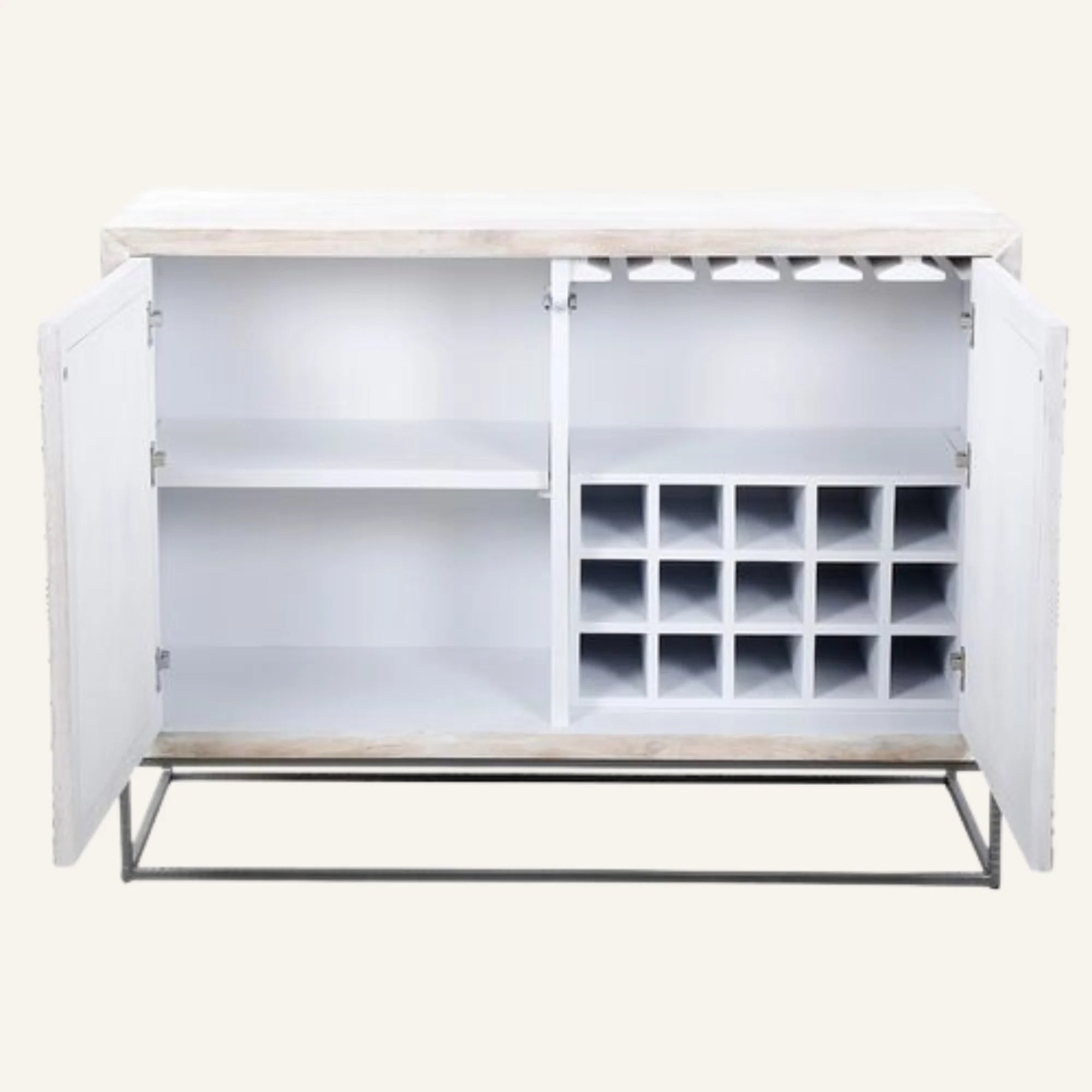 White bar cabinet with open doors on a white background