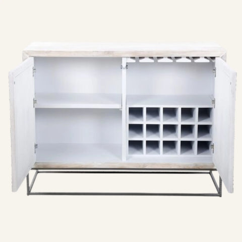 White bar cabinet with open doors on a white background
