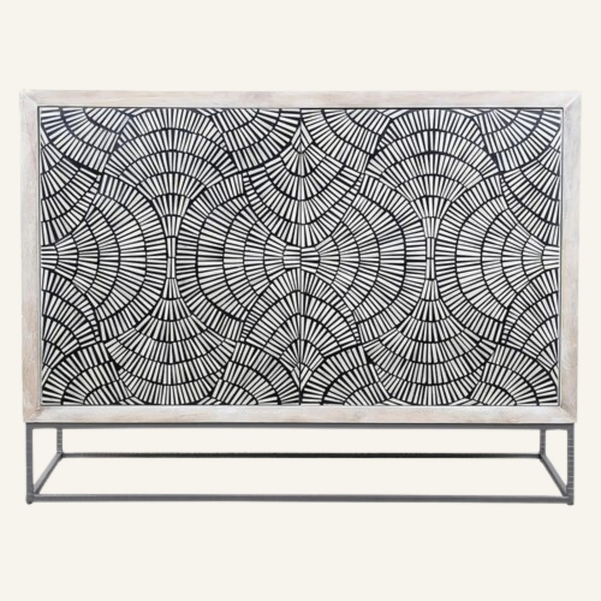 Decorative console table with geometric pattern on a white background