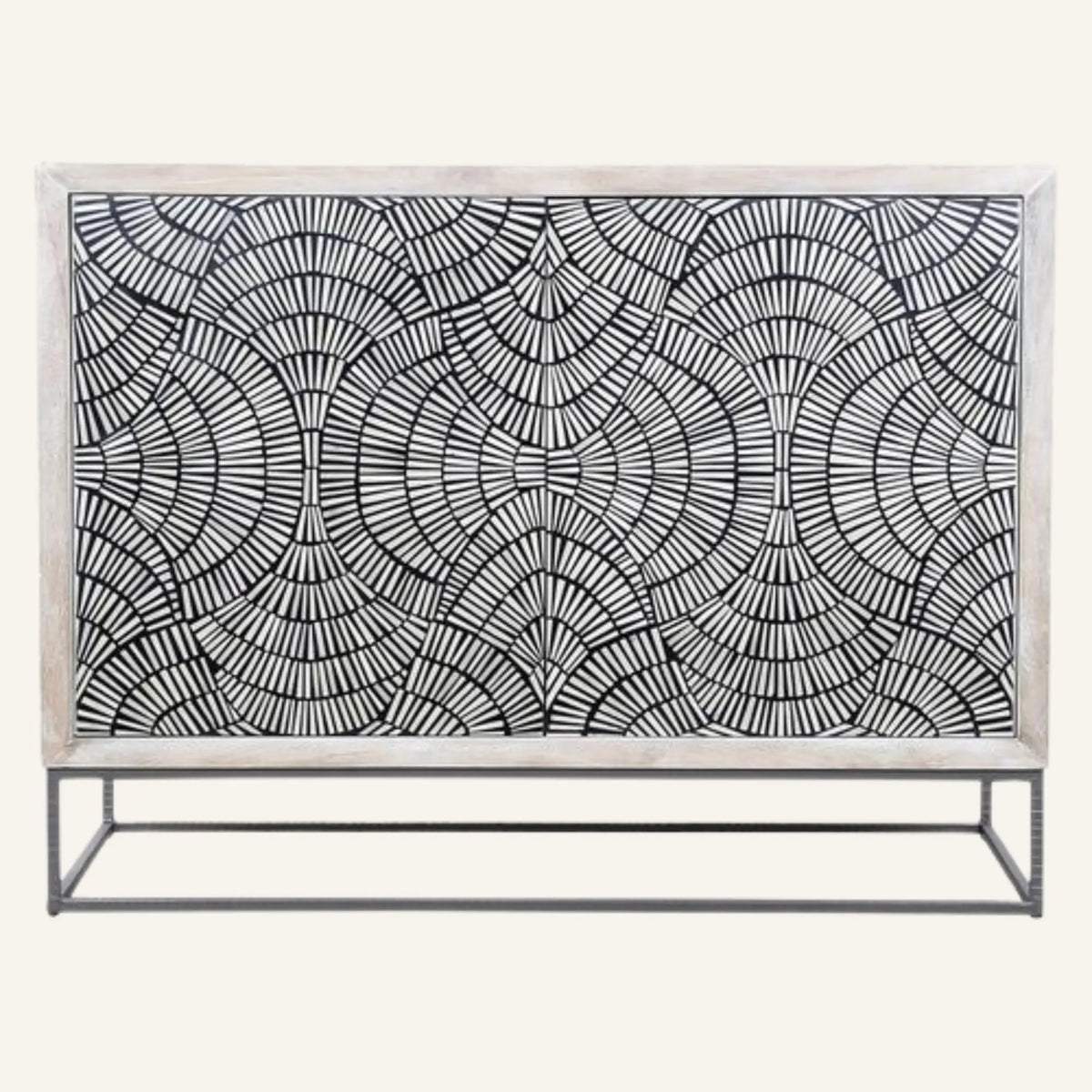 Decorative console table with geometric pattern on a white background
