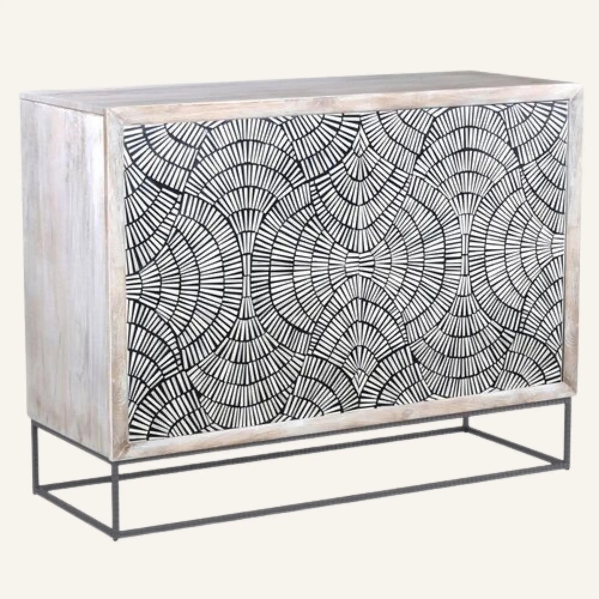 Cabinet with geometric patterned door on a white background