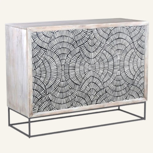 Cabinet with geometric patterned door on a white background