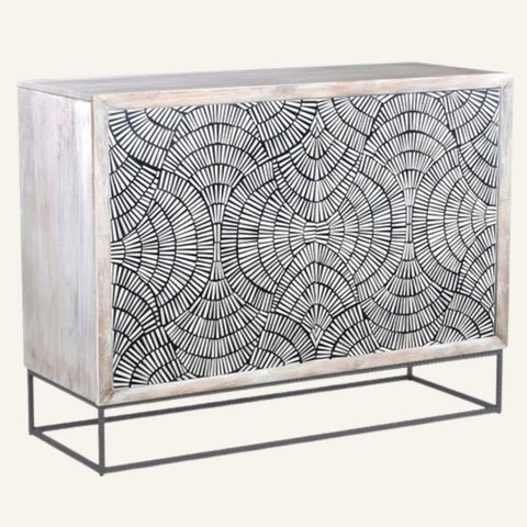 Cabinet with geometric patterned door on a white background